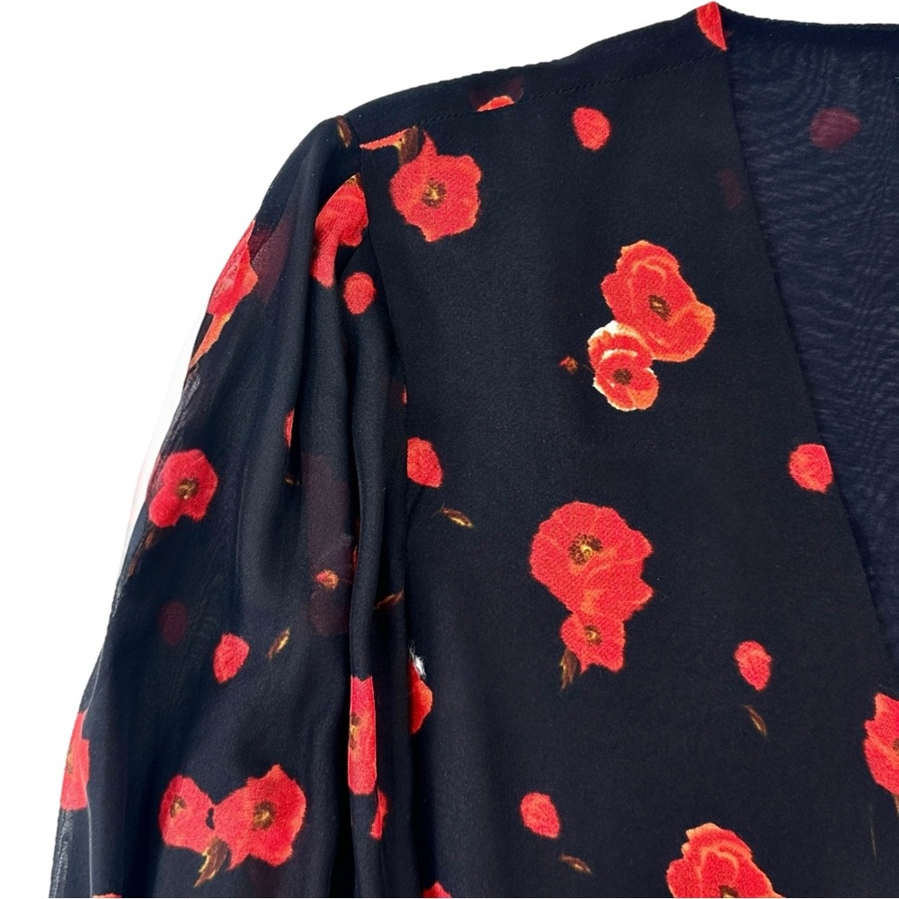 INTERMIX Navy Black Red Floral Tie Waist V-Neck Long Sleeve Silk Blouse z M - Picture 3 of 8